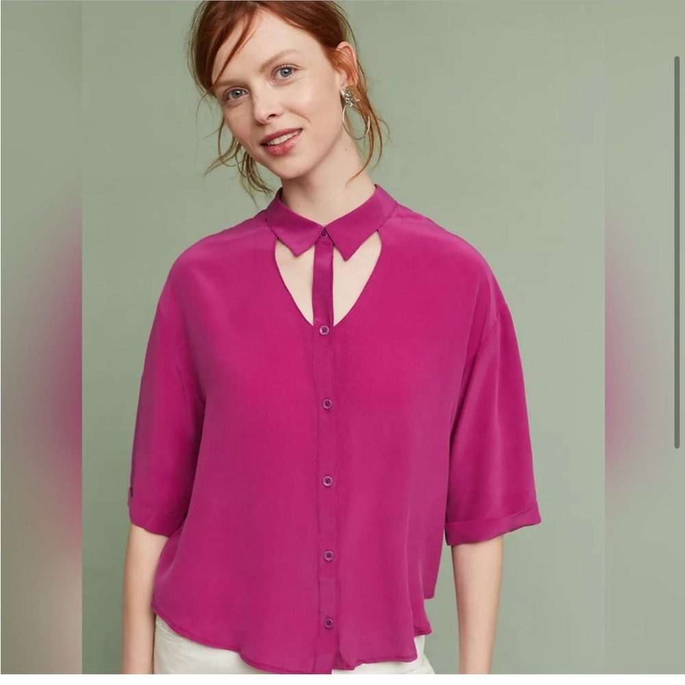 Anthropologie Maeve Mairead Raspberry Silk Cutout ButtonDown Blouse XS-E…